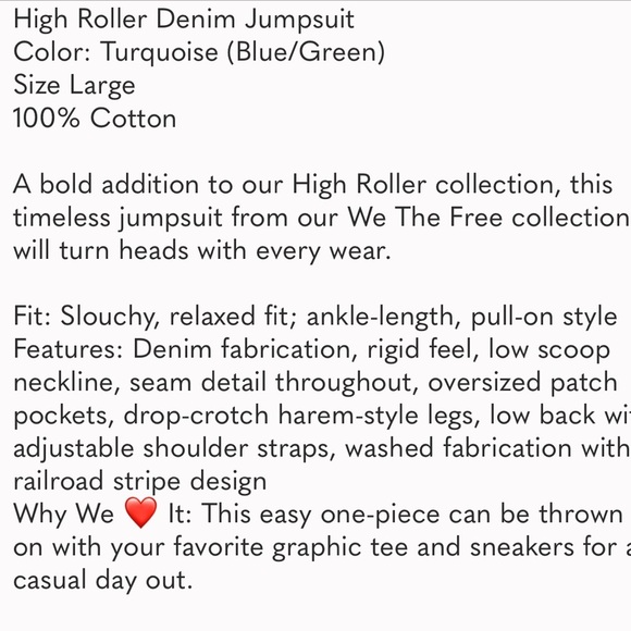 Free People High Roller Turquoise Denim Jumpsuit Size Large NWT - Picture 3 of 14